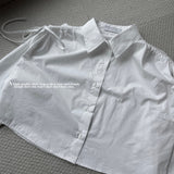 Twill shoulder ribbon shirring loose fit crop shirt (2 colors)