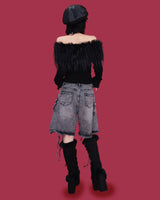 アングリーアイレットワイドハーフパンツ - ブラック