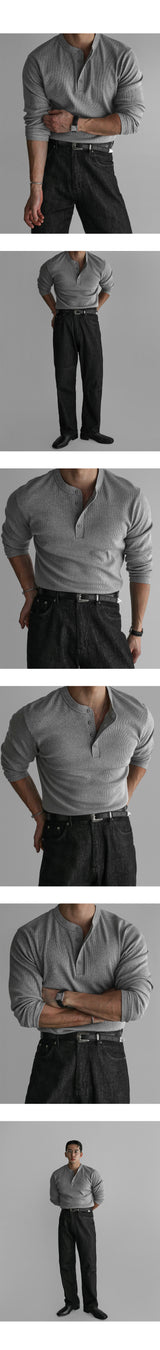 リブ付きヘンリーネックマッスル長袖ニットTシャツ [Gray]