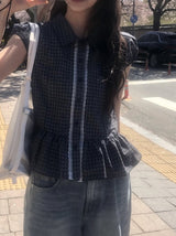 ライペン チェック レース フリル パフ ショートスリーブ シャツ