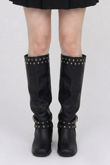 HARNESS STUDDED BUCKLE MID-CALF BOOTS (2COLORS!)