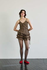 LEOPARD FRILL SLEEVELESS TOP / BROWN