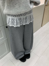 Flan Boa Fur Side Pintuck Snap Wide Pants