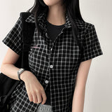Peaky Pink Heart Embroidered Checkered Short-Sleeved Shirt
