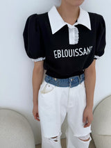 カラー レタリング プリント パフスリーブ スリムフィット Tシャツ