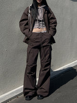 Steel zipper cargo cotton long wide work pants (4 colors)