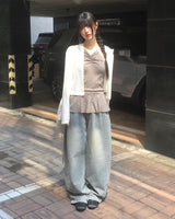 Minta Washing Side Pintuck Wide Denim Pants