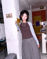 (2color) Ribbon Pleated Check Long Skirt