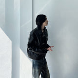 Textured Leather Metal Clasp Zip Cropped Jacket
