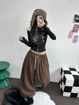 フリース💎スリンキーソフティベルベットロングパンツコーデュロイワイド💎🩵🤎🖤3カラー