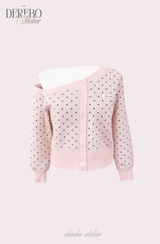 Pink dot unbalanced shoulder top