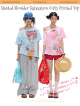 BETWEENAND スラウチーショルダー ライトウェイト カートゥーンガール プリント サマー Tシャツ