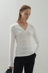 Deep V-neck Panel Top_White