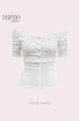 Sherbet off-shoulder button short sleeve T-shirt