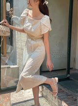 26SS★ Ruckbell Square Neck Embroidered Tulip Pintuck Long One Piece