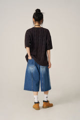 ケーブルウォッシング半袖ニット - Navy