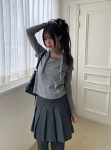 [Muffler Set/Fake Layered] Chad Stripe Layered Short Sleeve Knit T-Shirt Set
