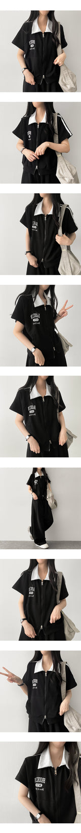Med Two-Way Line Coloring Short Sleeve Collar Zip-Up