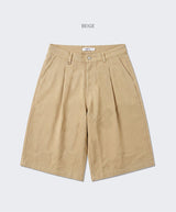 Wide Cotton Pleated Bermuda Shorts Beige