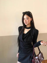 ブラックシック シマーホルターネック長袖Tシャツ