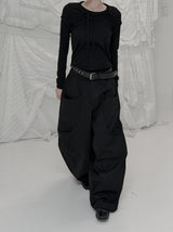 Checkered shirring knit layered long sleeve set