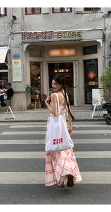 Red checkered V-neck sleeveless long dress