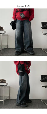 [Fleece lining] リネンヘムスナップウォッシュワイドデニムパンツ - 3 Tier Length
