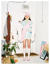 Preppy Accent Mint Cartoon Embroidered Varsity Jacket