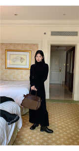 Half Turtleneck Black Flared Long Dress