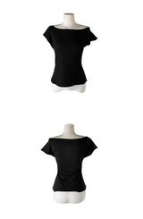 Scon Stripe Plain One-Shoulder Ribbon Short Sleeve T-Shirt
