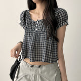 Checkered Ruffle Square Button Short Sleeve Blouse