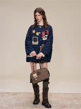 Kitsch look Embroidered Patch Quilted Duffle Coat