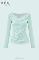 Mint chiffon mesh shirring long-sleeve tee