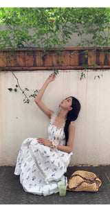 Blue Flower Cotton Sleeveless Long Dress