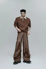 Glossy Pleated Straight Leg Trousers