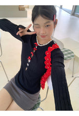 レッドボウスリットロングスリーブニットシャツ