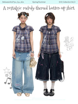 BETWEENAND “Musical Notes Memory” Retro-Style Dark Blue Short-Puffed-Sleeve Plaid Top for Women – New Summer Style