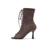 Suede Cross-Ring Open Toe Heel(Khaki)