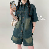Piggy overfit washed denim short sleeve shirt + banded jean shorts short pants