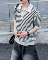Windy Buckle Stripe Collar Short Sleeve Knit