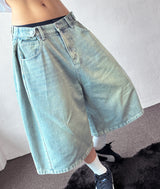 Rise Waist Button Side Pintuck Denim Bermuda Shorts 3color