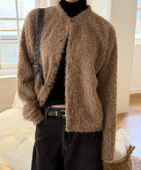 Hairy crop round knit cardigan(3color)