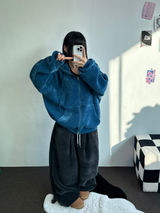 RIBBON PATTERN VELVET HOOD ZIP-UP💚💙🖤 - 3 COLORS