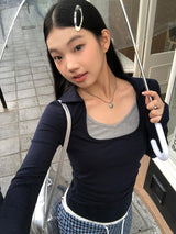 スクエアネイビーレイヤード長袖Tシャツ