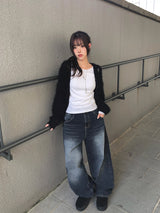 ボウリングヘムスナップワイドウォッシュデニムパンツ
