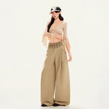 Khaki Check Wide-Leg Elastic Waist Trousers
