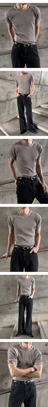 [MUSCLE FIT]ピグメントメッシュゴルジハーフニットTシャツ(4color)