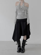 ドレープカウルネックホルターオフショルダーTシャツ