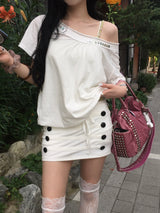 Vintage Button Off Shoulder Tee
