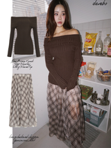 Deep Brown V-neck Off-Shoulder Long-Sleeved Top